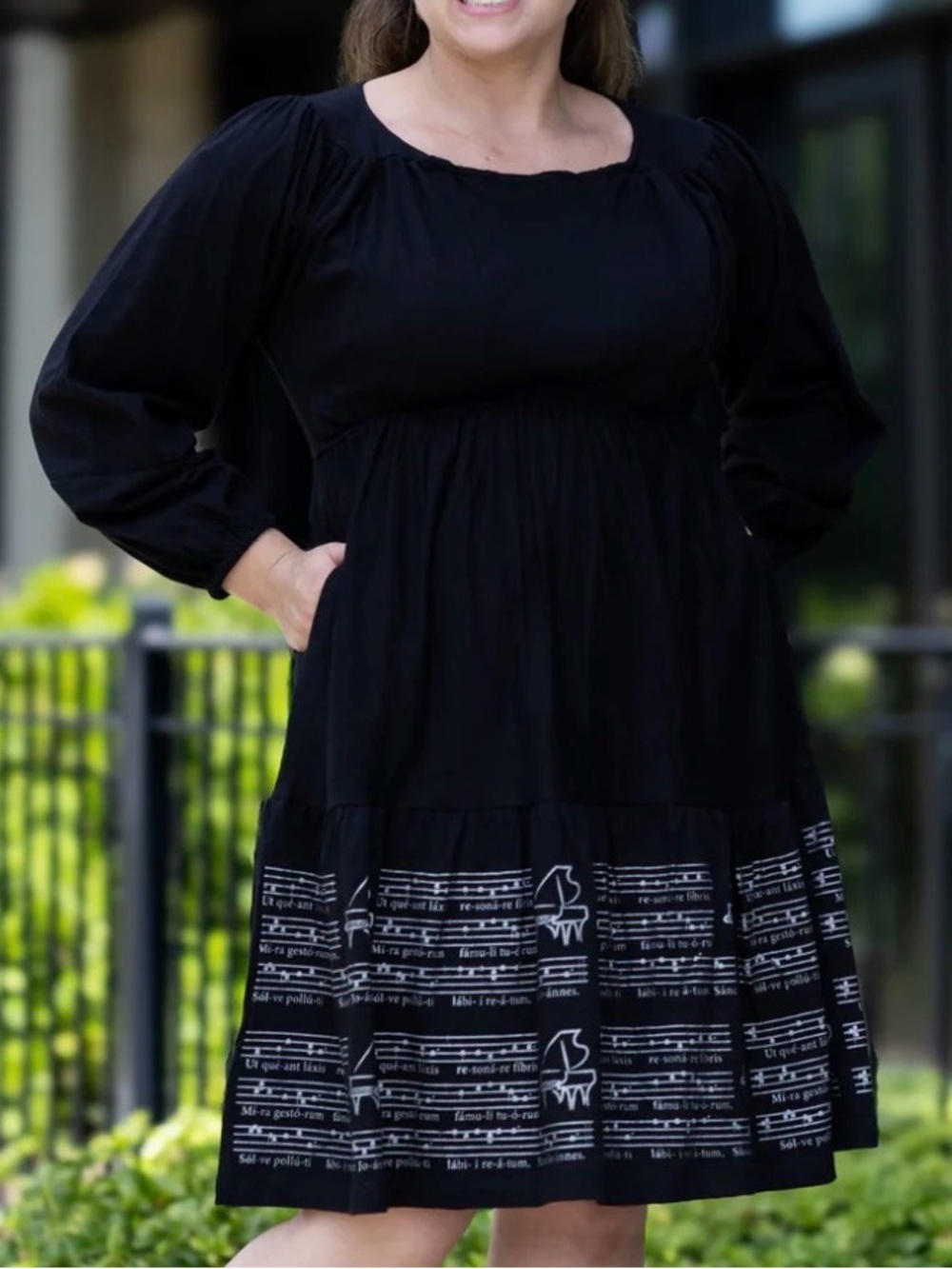 Svaha Musical Sheet Long Sleeve Dress with Waist Seam-Size Small